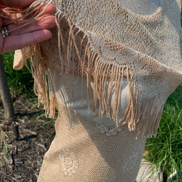 Vintage Maxi Dress Metallic Gold Lace Fringe Mother of the Bride Evening Gown - Picture 4 of 16